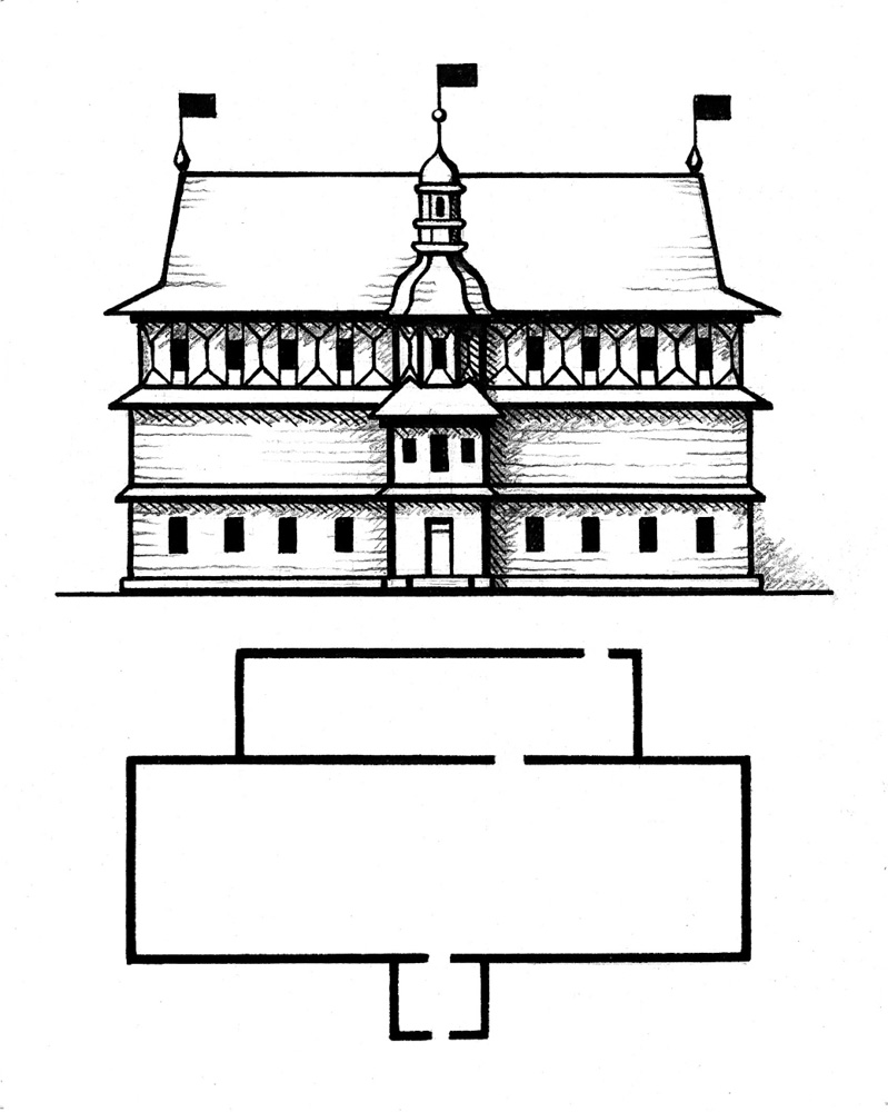План і фасад ратушы па малюнку XVII ст.