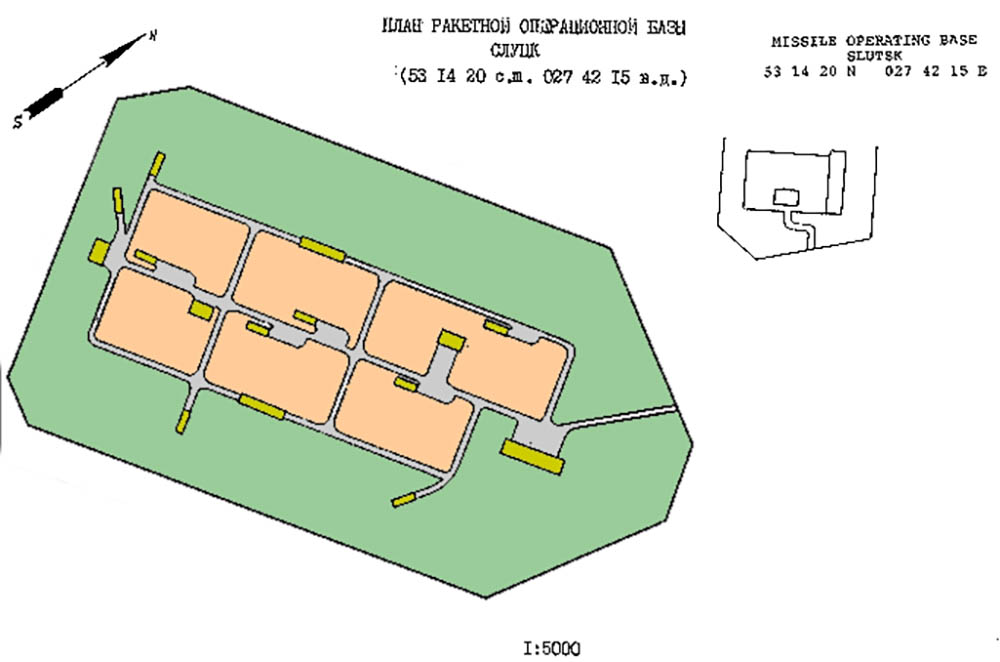 План ракетной базы в Слуцке. (1981-1989, РСД-10 и 1991-1993 ракеты РТ-2ПМ) (www.ww2.dk)