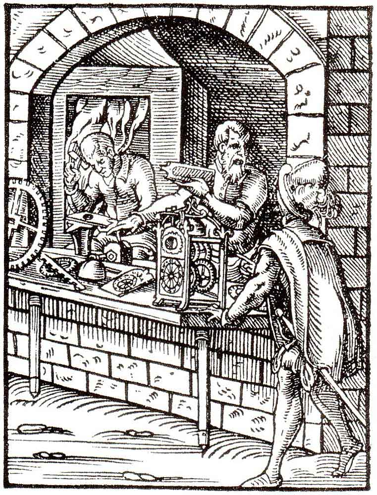 На немецкой гравюре показано, как могла выглядеть часовая мастерская в Средневековье. Фото: Архив Анатолия Титова